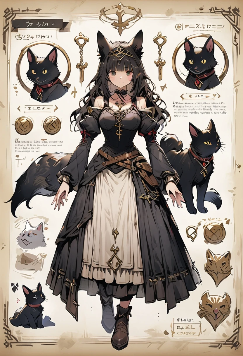 Framed Presentation of a foxgirl, woman character design sheet, with detailed accessories, shoes, medieval equipament, swords, full body, perfect, ((masterpiece)), fox pet