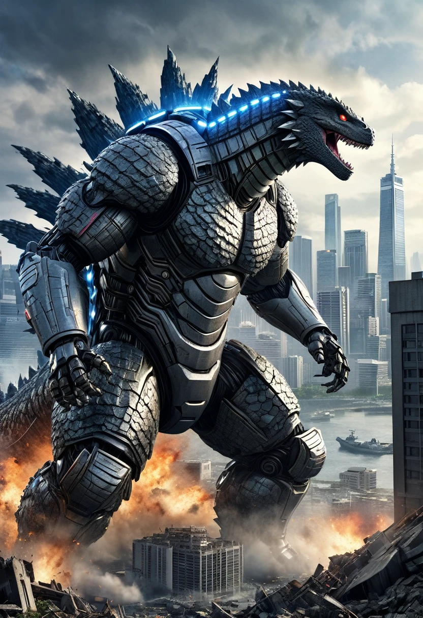 Robot fighting godzilla with a war torn city in the background, (best quality, masterpiece:1.2), ultra-detailed, (realistic, photo-realistic:1.37), highly detailed, intricate, elegant, graceful, minimal, clean, simple, photorealistic, digital art, 4k, 8k, highres