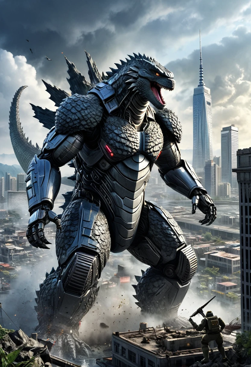 Robot fighting godzilla with a war torn city in the background, (best quality, masterpiece:1.2), ultra-detailed, (realistic, photo-realistic:1.37), highly detailed, intricate, elegant, graceful, minimal, clean, simple, photorealistic, digital art, 4k, 8k, highres