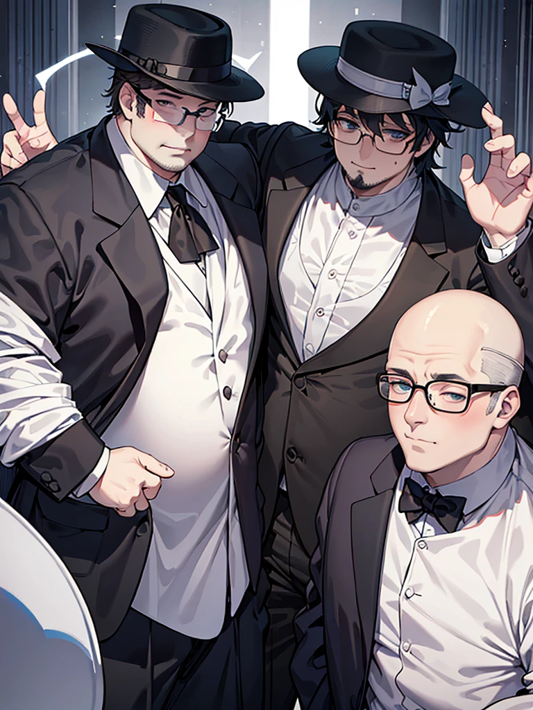 A very fat "Tuxedo Musk" with a big belly in his suit, black hat and white mask and glasses