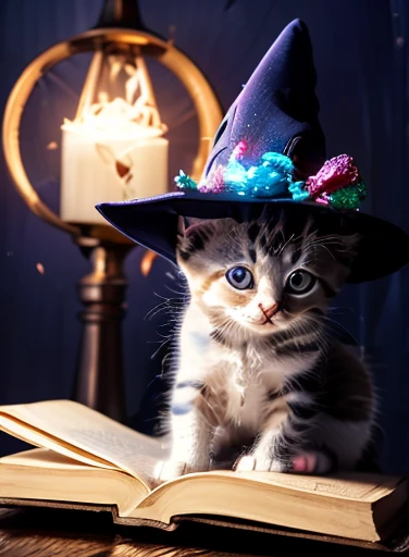 amazing quality, masterpiece, best quality, hyper detailed, ultra detailed, UHD, perfect ???????, magic world, (kitten:1.4), arcane symbols in the air, spell magic (wearing a blue wizard's hat:1.3), energy flow, a full body of a cute kitten, kawaii, wearing wizard's robe, blue wizard's hat, sitting on a magic book, spell magic, hkmagic, extremely detailed, glowneon, glowing,
