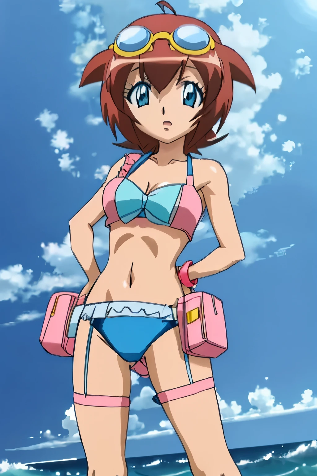 Amano_Madoka_Beyblade, 1girl, solo, short hair, aqua eyes, brown hair, goggles on head, in pink bikini, strapped, high quality, white thighighs stockings