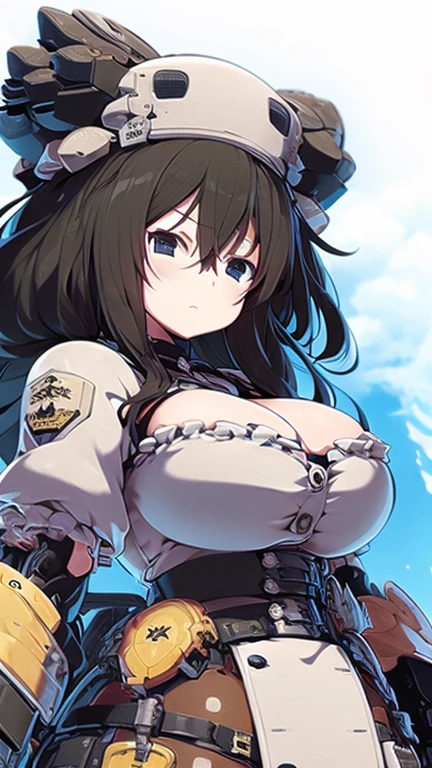 Anime, 1 girl, Fubuki, Fubuki's fuzzy hairstyle, expressive Brown eyes, busty, military's uniform, large mechanical arms, mechanical hands, serious expression, large heavy mechanical arms,