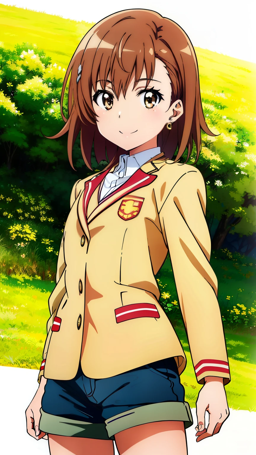 (masterpiece, best quality, 8k:1.2),Very detailed, (anime:1.1), misaka_mikoto, brown hair, short hair, hairpin, small medium breasts, 1girl, (College jacket, shorts, earrings, smile), dutch angle, looking at viewer,