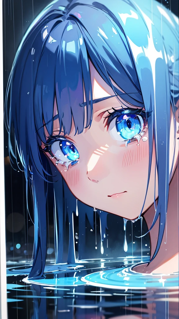 1girl, watercolor painting, high school girl, 18 years old, blue world, rain, rainbow raindrops, fantasy, sad expression, tears, crying, puddle, mirror-like reflection, bokeh, best quality, 4k, 8k, highres, masterpiece:1.2, ultra-detailed, realistic, photorealistic, photo-realistic:1.37, vivid colors, professional