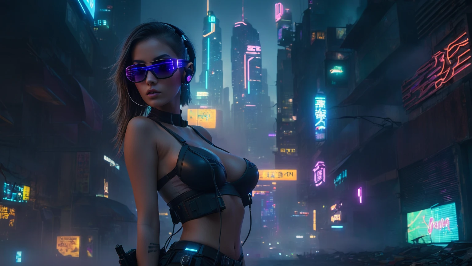 dark futuristic landscape, at night, neon lights, Atmospheric fog, large buildings in the background, futuristic city, streets with open shops, skyscraper (postapocalyptic city:1.3). (((1girl, solo, alone))), large-breast:1.2 slim body, cleavage:1.1, sexy miniskirt, (((headphone, black sunglasses, standing and holding pistol pose))), (((half-body thigh level medium shot))), cinematic lighting, lens flare, ray tracing.