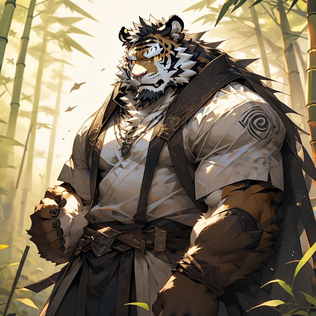 白色皮肤tiger),(黑白阴阳General战袍),Holding a long sword,坚Strong姿态,Stand calmly,(The background is a dark forest,Full of bamboo:1.2),abdominal muscles,Heroic Stance飒爽,完美的masterpiece,Various facial details,Perspective from a distance,specific description,masterpiece,CG,(Golden Eyes),Black and white pattern,Crimson Tail,General,Heroic Stance,tiger,Black and white fur,Specific facial details,Half Body,(黑白阴阳General战履),(Chang Ling),((middle aged)),(Face Focus),(16K),HD,Black and white belly,wilderness,beard,(Noodle),Different students,(Black and white yin and yang shirt),(Black and white hair),Strong,muscle,(high resolution:1.3),(Standing deep in the desolate bamboo forest),(close up),(Delicate face:1.5),Perfect details,(Half Body),(Facial details:1.5),(Zoom in on the face:1.5),(白色Noodle:1.2),(黑色beard:1.3),(white face;1.6),White body