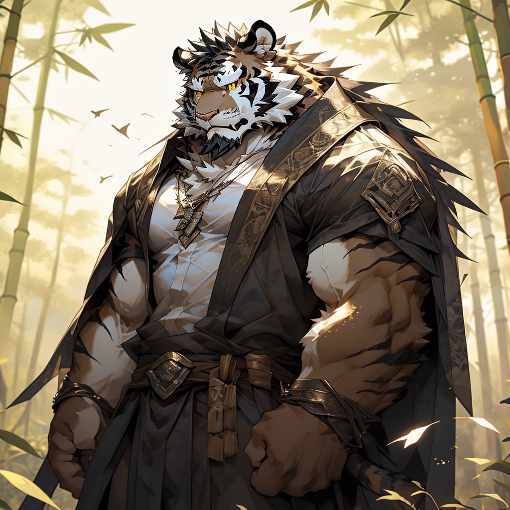 白色皮肤tiger),(黑白阴阳General战袍),Holding a long sword,坚Strong姿态,Stand calmly,(The background is a dark forest，Full of bamboo:1.2),abdominal muscles,Heroic Stance飒爽,完美的masterpiece,Various facial details,Perspective from a distance,specific description,masterpiece,CG,(Golden Eyes),Black and white pattern,Crimson Tail,General,Heroic Stance,tiger,Black and white fur,Specific facial details,Half Body,(黑白阴阳General战履),(Chang Ling),((middle aged)),(Face Focus),(16K),HD,Black and white belly，wilderness,beard,(Noodle),Different students,(Black and white yin and yang shirt),(Black and white hair),Strong,muscle,(high resolution:1.3),(Standing deep in the desolate bamboo forest),(close up),(Delicate face:1.5),Perfect details,(Half Body),(Facial details:1.5),(Zoom in on the face:1.5),(白色Noodle:1.2),(黑色beard:1.3),(white face;1.6),White body