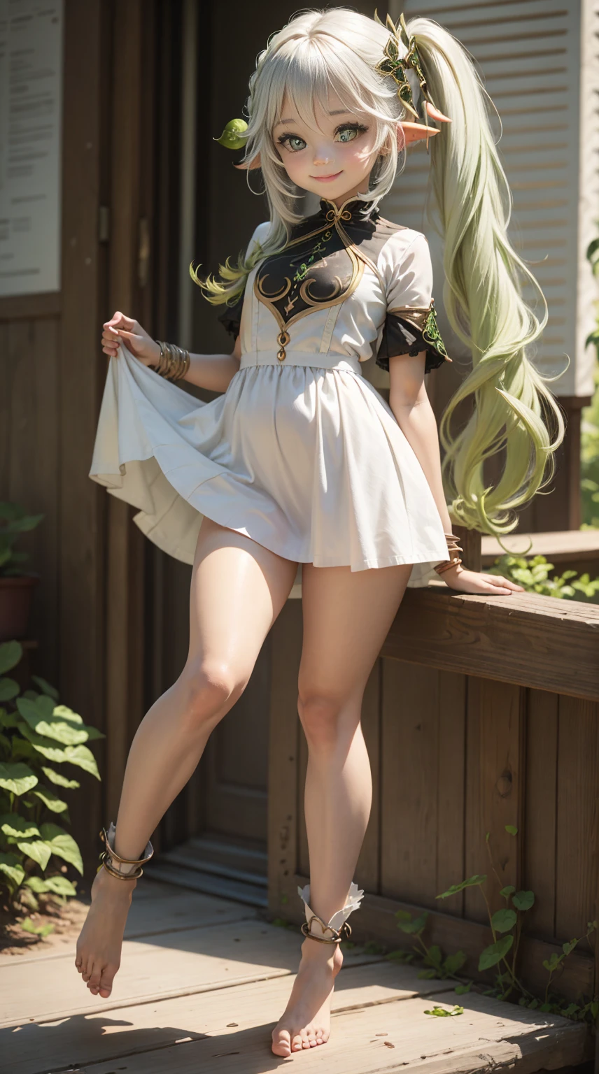 Nahida, children, flat chest, whole body, thick thigh, tits medium, holding skirt up, short dress, Short skirt, shirt, High waist skirt, good eyes, smiling softly, underwear, Perfect body proportion, bare foot