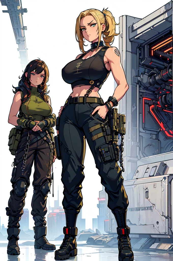 (masterpiece, best quality, high resolution, ((huge breasts)),military hairstyle, very short ruffled blonde hair, cyberpunk-style mechanized arms, sleeveless military t-shirt, cyberpunk-style commando pants, cyberpunk-style military boots, chain on neck and arms, serious posture
(white background, stickers. Redmond), ((full body standing)),