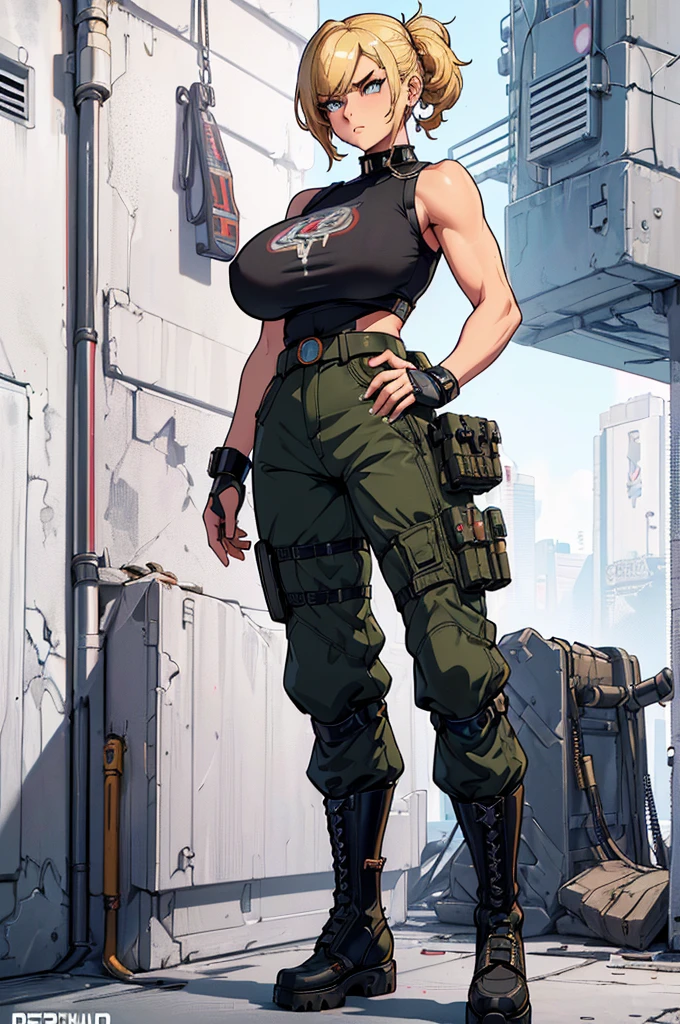 
(masterpiece, best quality, high resolution, ((huge breasts)),military hairstyle, very short ruffled blonde hair, cyberpunk-style mechanized arms, sleeveless military t-shirt, cyberpunk-style commando pants, cyberpunk-style military boots, chain on neck and arms, serious posture
(white background, stickers. Redmond), ((full body standing)),