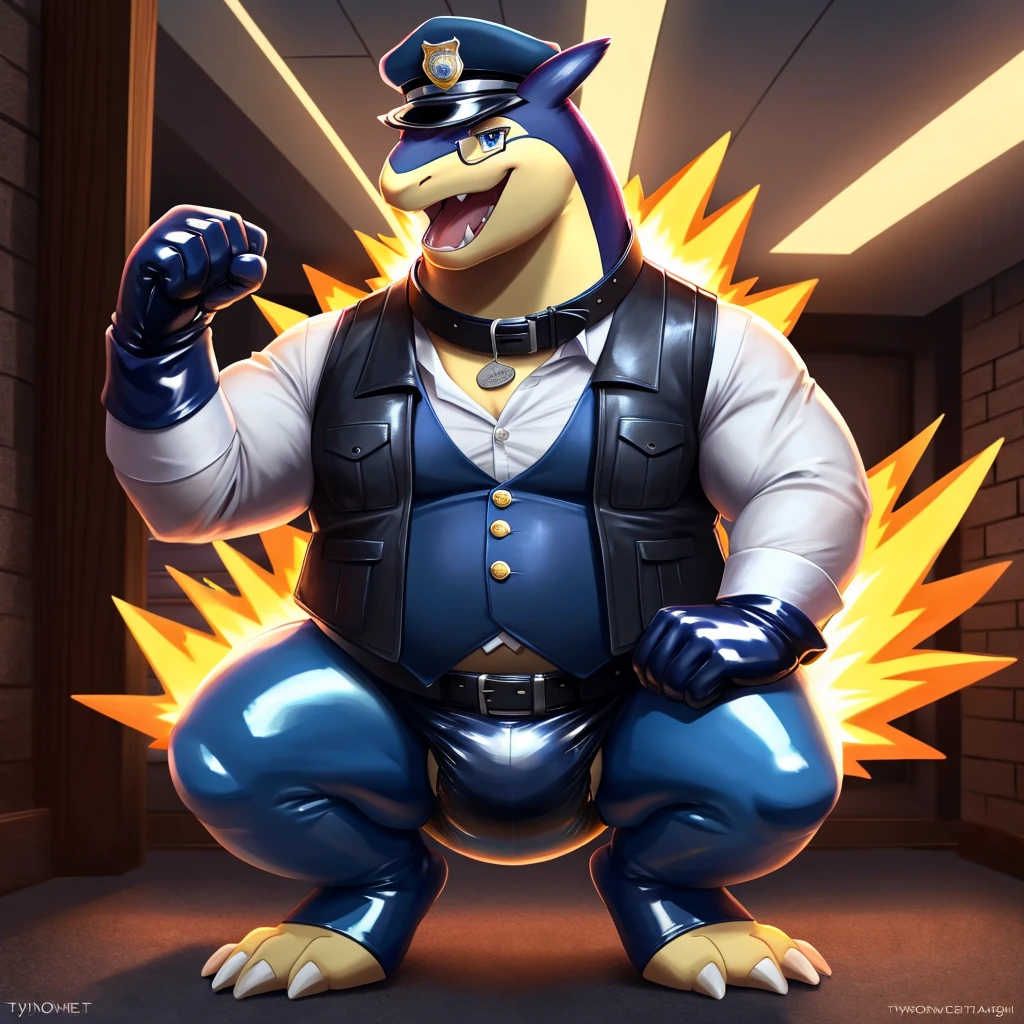 Solo, Male, fat, squatting, extremely obese, gentleman, dapper Typhlosion, pooping in diaper, blue eyes, (soft shading), 4k, hi res, ((detailed face, detailed)), looking at viewer, evil grin, police station, collared shirt with buttons, hat, male focus, Police Uniform, glasses, monocle, vest with buttons, sleeves rolled up, round eyewear, headwear, vest, Typhlosion is wearing a glossy leather dog collar around the neck, Typhlosion is wearing the leather collar and shirt and vest at the same time, Typhlosion is wearing glossy light-blue rubber gloves on the hands, wearing light-blue rubber gloves on the feet, gloves are rubber in texture, mouth wide open, evil laugh, clenching fists, leather collar is glossy and shiny with a lot of detail, Typhlosion is wearing gloves and leather collar at the same time, leather collar has a round dog-tag, leather collar is thick and detailed, light-blue rubber gloves on the feet, Typhlosion is wearing gloves and leather collar at the same time, leather collar has a round dog-tag, leather collar is thick and detailed, leather collar is glossy and shiny, fancy clothing, dapper vest, dapper shirt, leather collar is thick, glossy leather collar, Typhlosion is wearing a dirty diaper