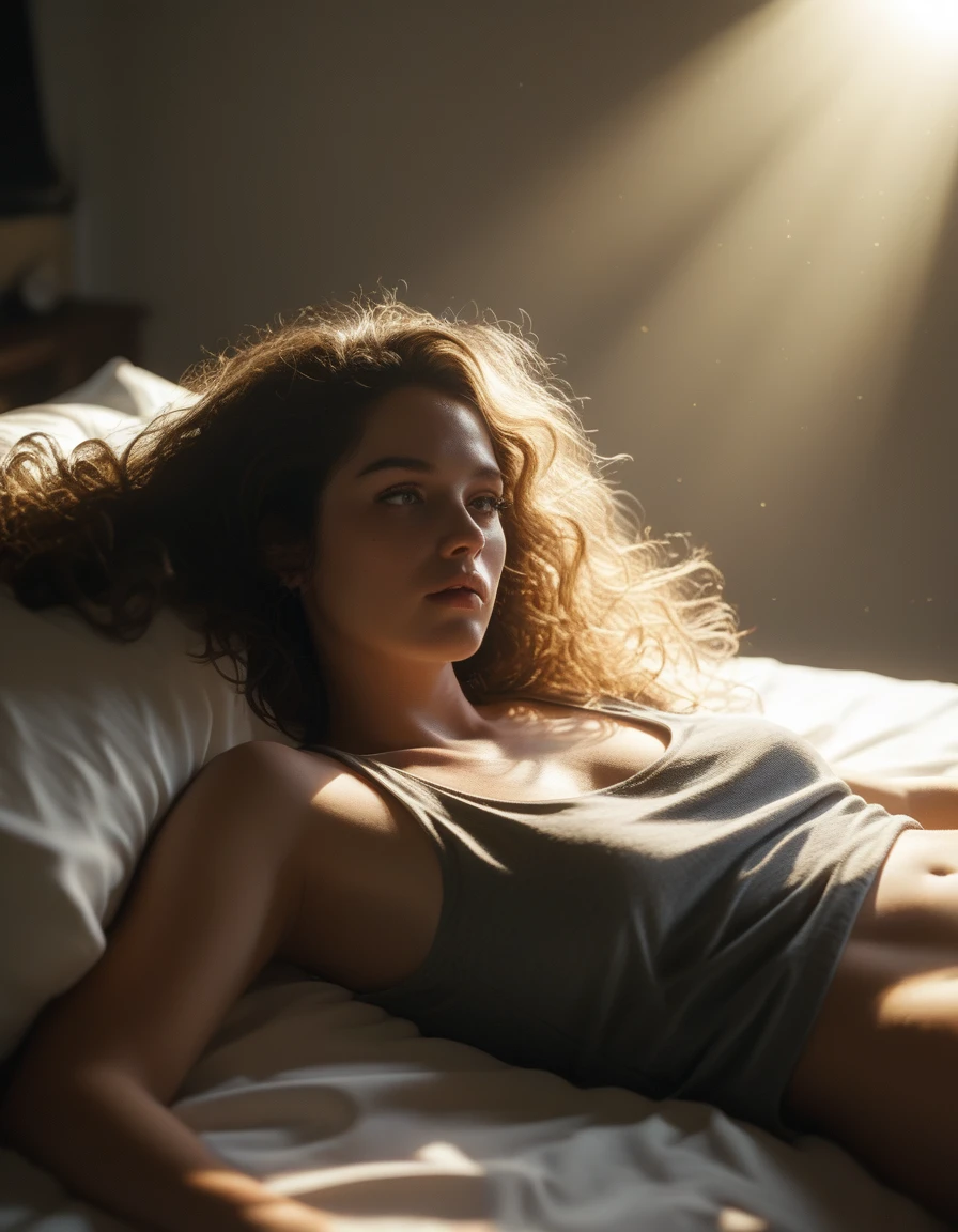 The image is a detailed illustration of a woman with long big tits, flowing hair and a greenish hue, lying on a bed in a relaxed position, wearing a gray tank top, Super resolution, Megapixel, ProPhoto RGB, VR, Bullish, epic, half back lighting, backlights, natural lighting, incandescent light, fiber optics, lighting mood lighting, cinema lighting, studio lighting, soft lighting, volumetric, sharp contrast, dark lighting