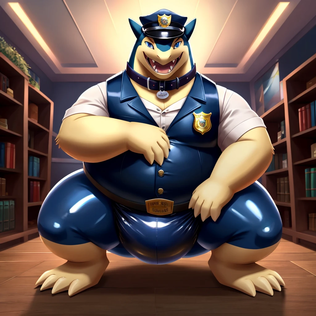 Solo, Male, fat, squatting, extremely obese, gentleman, dapper Typhlosion, pooping in diaper, blue eyes, (soft shading), 4k, hi res, ((detailed face, detailed)), looking at viewer, evil grin, police station, collared shirt with buttons, hat, male focus, Police Uniform, glasses, monocle, vest with buttons, sleeves rolled up, round eyewear, headwear, vest, Typhlosion is wearing a glossy leather dog collar around the neck, Typhlosion is wearing the leather collar and shirt and vest at the same time, Typhlosion is wearing glossy light-blue rubber gloves on the hands, wearing light-blue rubber gloves on the feet, gloves are rubber in texture, mouth wide open, evil laugh, clenching fists, leather collar is glossy and shiny with a lot of detail, Typhlosion is wearing gloves and leather collar at the same time, leather collar has a round dog-tag, leather collar is thick and detailed, light-blue rubber gloves on the feet, Typhlosion is wearing gloves and leather collar at the same time, leather collar has a round dog-tag, leather collar is thick and detailed, leather collar is glossy and shiny, fancy clothing, dapper vest, dapper shirt, leather collar is thick, glossy leather collar, Typhlosion is wearing a dirty diaper