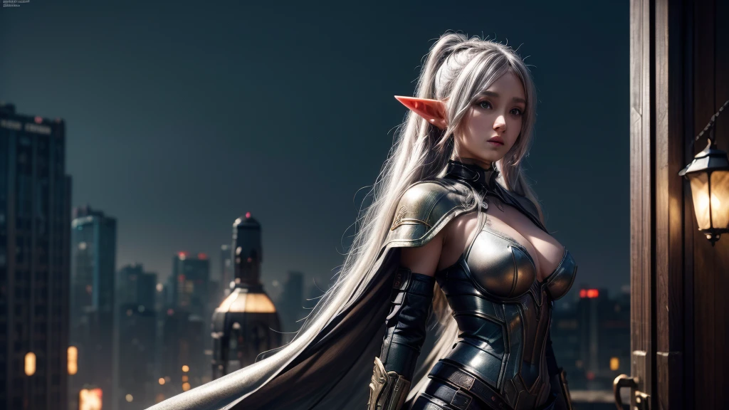 Female Elf,Close-up, Hollow future armor, 2. 5D CGI anime fantasy artwork, Large Breasts,Epic fantasy digital art style, detailed Digital 2D fantasy art, Digital 2D fantasy art, original photo, (best quality:1.3), high resolution, (masterpiece), (lifelike:1.4), Professional photography, Clear focus, High Dynamic Range, 8k resolution, Intricate details, Fine details, Depth of Field, Extremely detailed CG unified 8k wallpaper, masterpiece,poster,best quality,Official Art,(Beauty and aesthetics:1.2),(masterpiece:1.3),Female Elf,individual,complex pattern,Street at night,Cyberpunk style future city,Medium distance photography,(midnight:1.8),dramatic,Cyberpunk style clothes