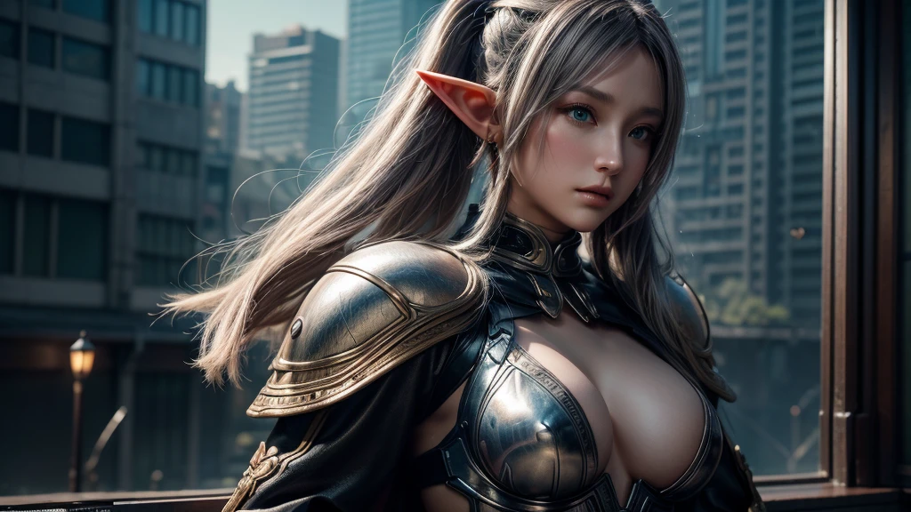 Female Elf，Close-up, Hollow future armor, 2. 5D CGI anime fantasy artwork, Large Breasts，Epic fantasy digital art style, detailed Digital 2D fantasy art, Digital 2D fantasy art, original photo, (best quality:1.3), high resolution, (masterpiece), (lifelike:1.4), Professional photography, Clear focus, High Dynamic Range, 8k resolution, Intricate details, Fine details, Depth of Field, Extremely detailed CG unified 8k wallpaper, masterpiece，poster，best quality，Official Art，（Beauty and aesthetics：1.2），（masterpiece：1.3），Female Elf，individual，complex pattern，bar，赛博朋克风格bar，Medium distance photography，（midnight：1.8），dramatic，Cyberpunk style clothes