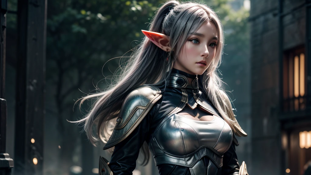 Female Elf，Close-up, Hollow future armor, 2. 5D CGI anime fantasy artwork, Large Breasts，Epic fantasy digital art style, detailed Digital 2D fantasy art, Digital 2D fantasy art, original photo, (best quality:1.3), high resolution, (masterpiece), (lifelike:1.4), Professional photography, Clear focus, High Dynamic Range, 8k resolution, Intricate details, Fine details, Depth of Field, Extremely detailed CG unified 8k wallpaper, masterpiece，poster，best quality，Official Art，（Beauty and aesthetics：1.2），（masterpiece：1.3），Female Elf，individual，complex pattern，bar，赛博朋克风格bar，Medium distance photography，（midnight：1.8），dramatic，Cyberpunk style clothes