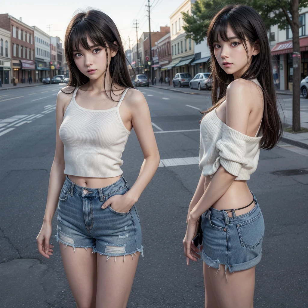 Name of " M17" standing alone, shy, standing at attention, fair and clear skin, very long and straight black hair with a dark tone, very young, beautiful finger, beautiful long legs, Body cute, perfect blue eyes, expressive eyes, looking ahead at viewer, 8 k wallpaper, perfect lighting, work of art, (beautiful small breasts:1.2), (Slender girl), bangs between eyes, (on the street in a small town:1.3), summer day, headphone in the shape of silver fox ears, microshort jeans, low waist microshorts, loose short sweater with open shoulders, cabelos longos e desgrenhados, Look at you, torn jeans, Jeans sexy, Mary, Samantha, incrs headphones, boba