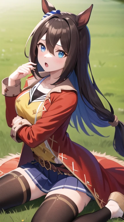 masterpiece, best quality, highres, aaelcondor, blue eyes, animal ears, hair between eyes, horse tail, yellow shirt, red coat, belt, blue skirt, pleated skirt, thighhighs, :o, warzia, grass,