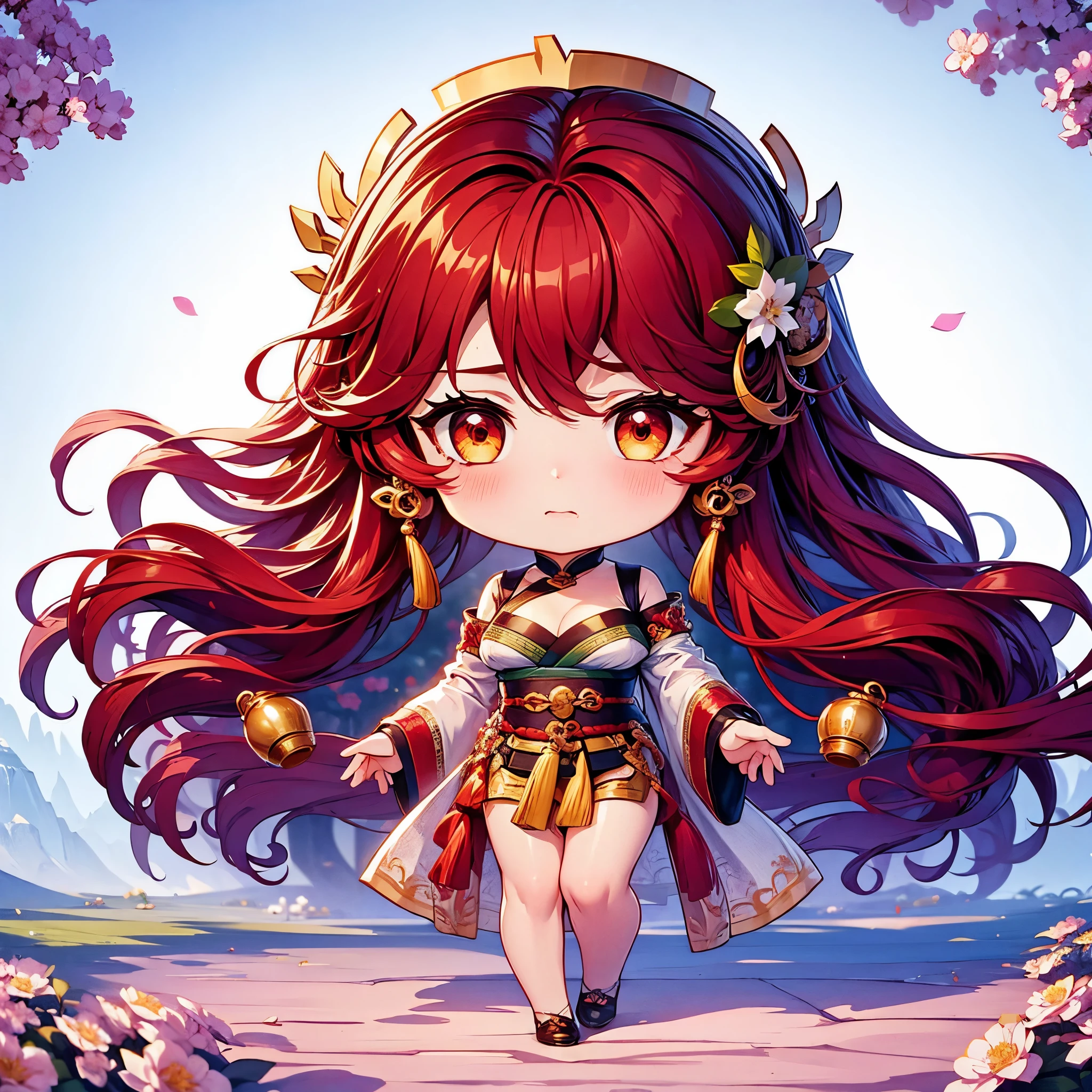 Chibi character pixel art, ((xian mei)), 1 girl, long red hair, standing, Chibi style, shapely breasts, high quality pixel art, Gege Akutami, photography, beautiful, colorful, realistic, masterpieces, top quality, best quality, official art, beautiful and aesthetic, hanfu, perfect anatomy, mini solo chibi, cry, flushed face teary eyes, holding hands, newb