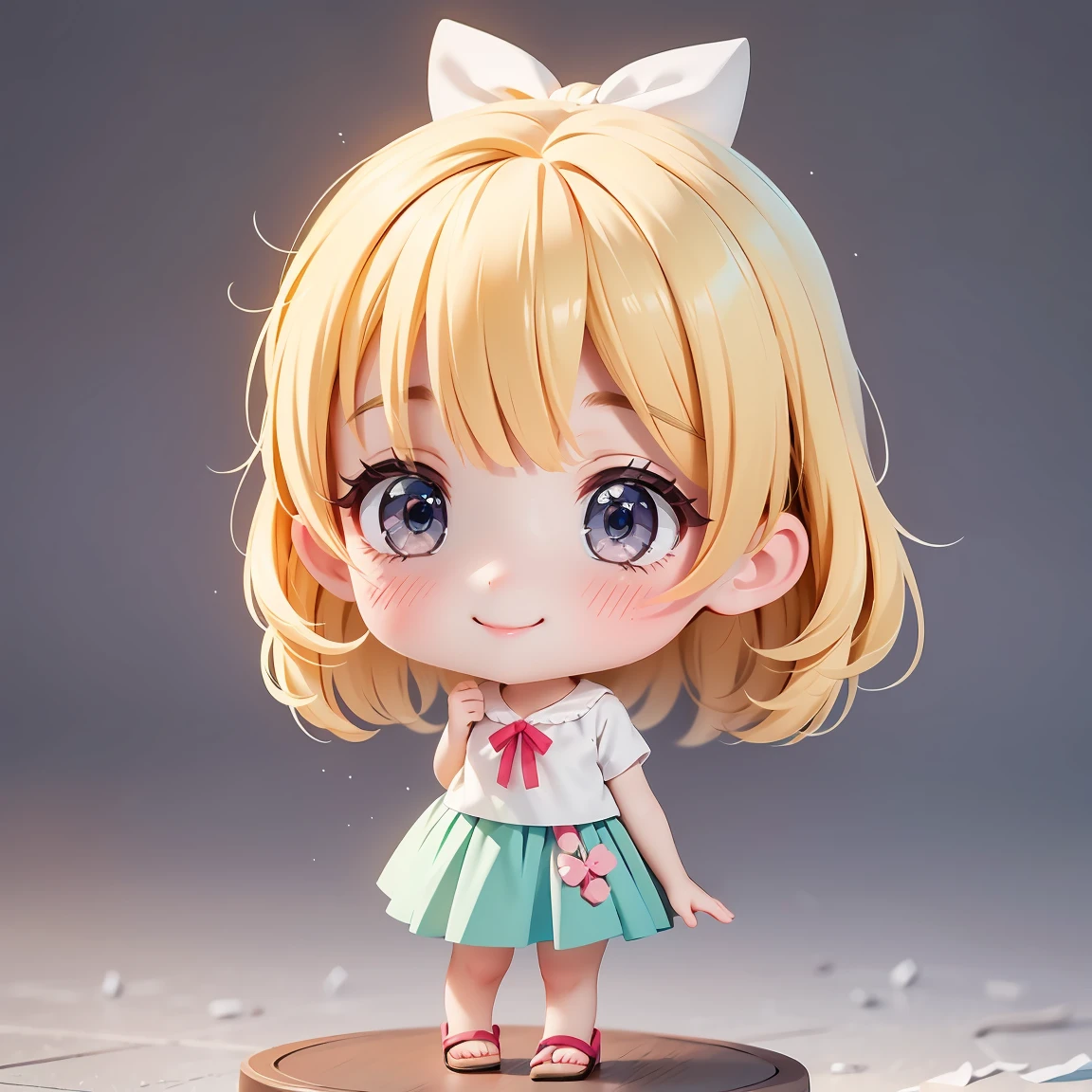  Super Chibi Character：1.8、wearing cute sandals、background：Simple all over、Blonde Hair、Cute 7 year old girl、Random cute outfits、Short legs、Sandals with ribbon、Cute pose、Super Happy Smile：1.8