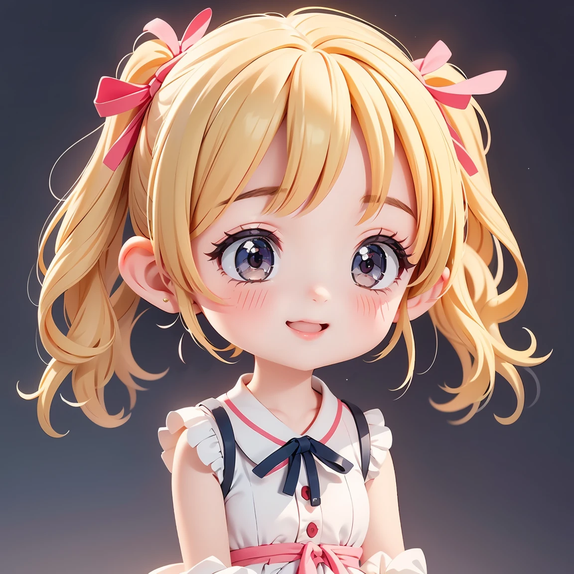  Super Chibi Character：1.8、wearing cute sandals、background：Simple all over、Blonde Hair、Cute 7 year old girl、Random cute outfits、Short legs、Sandals with ribbon、Cute pose、Super Happy Smile：1.8