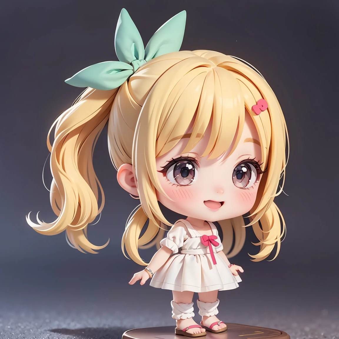 Super Chibi Character:1.8、wearing cute sandals、background:Simple all over、Blonde Hair、Cute 7 year old girl、Random cute outfits、Short legs、Sandals with ribbon、Cute pose、Super Happy Smile:1.8