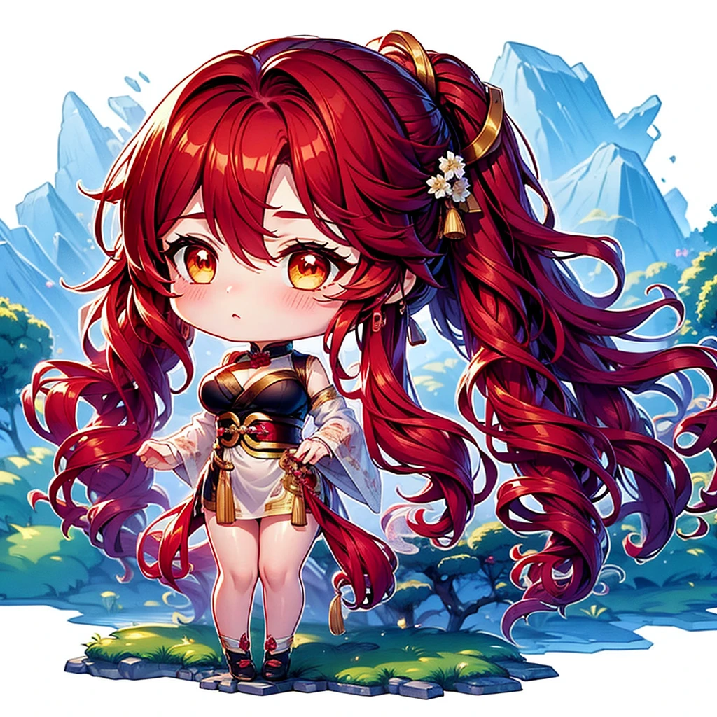 Chibi character pixel art, ((xian mei)), 1 girl, long red hair, standing, Chibi style, shapely breasts, high quality pixel art, Gege Akutami, photography, beautiful, colorful, realistic, masterpieces, top quality, best quality, official art, beautiful and aesthetic, hanfu, perfect anatomy, mini solo chibi, cry, flushed face teary eyes, holding hands, newb