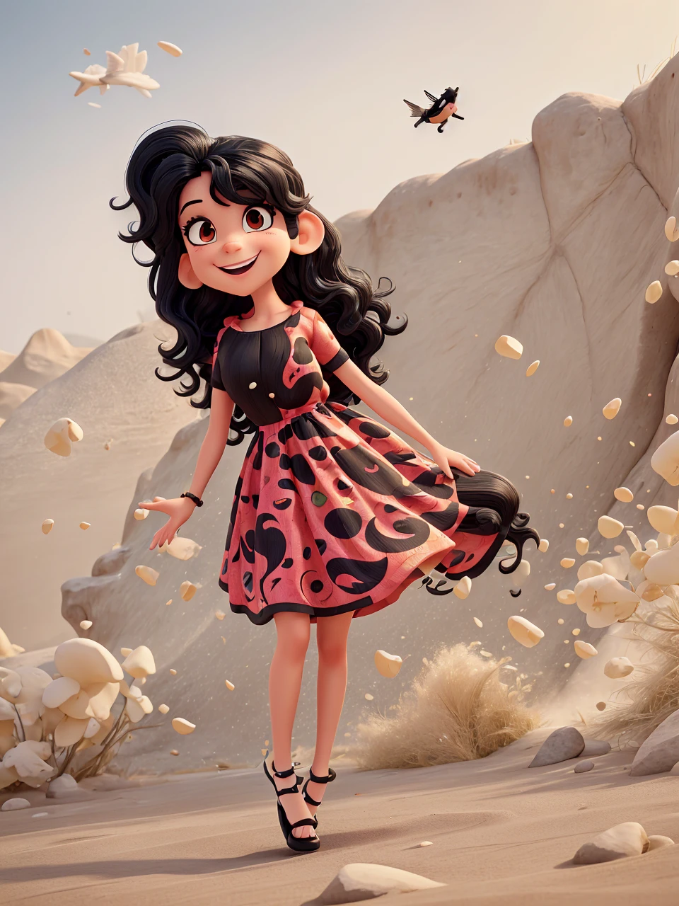 Joking caricature, white skinned , wavy black hair, hair with bangs, divertida, fly away, , colorfull dress, 8k, best image