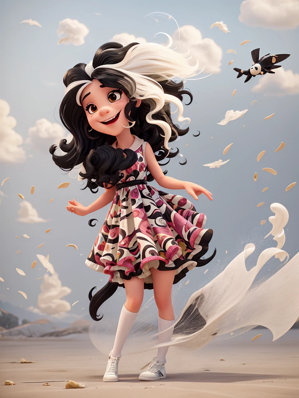 Joking caricature, white skinned , wavy black hair, hair with bangs, divertida, fly away, , colorfull dress, 8k, best image