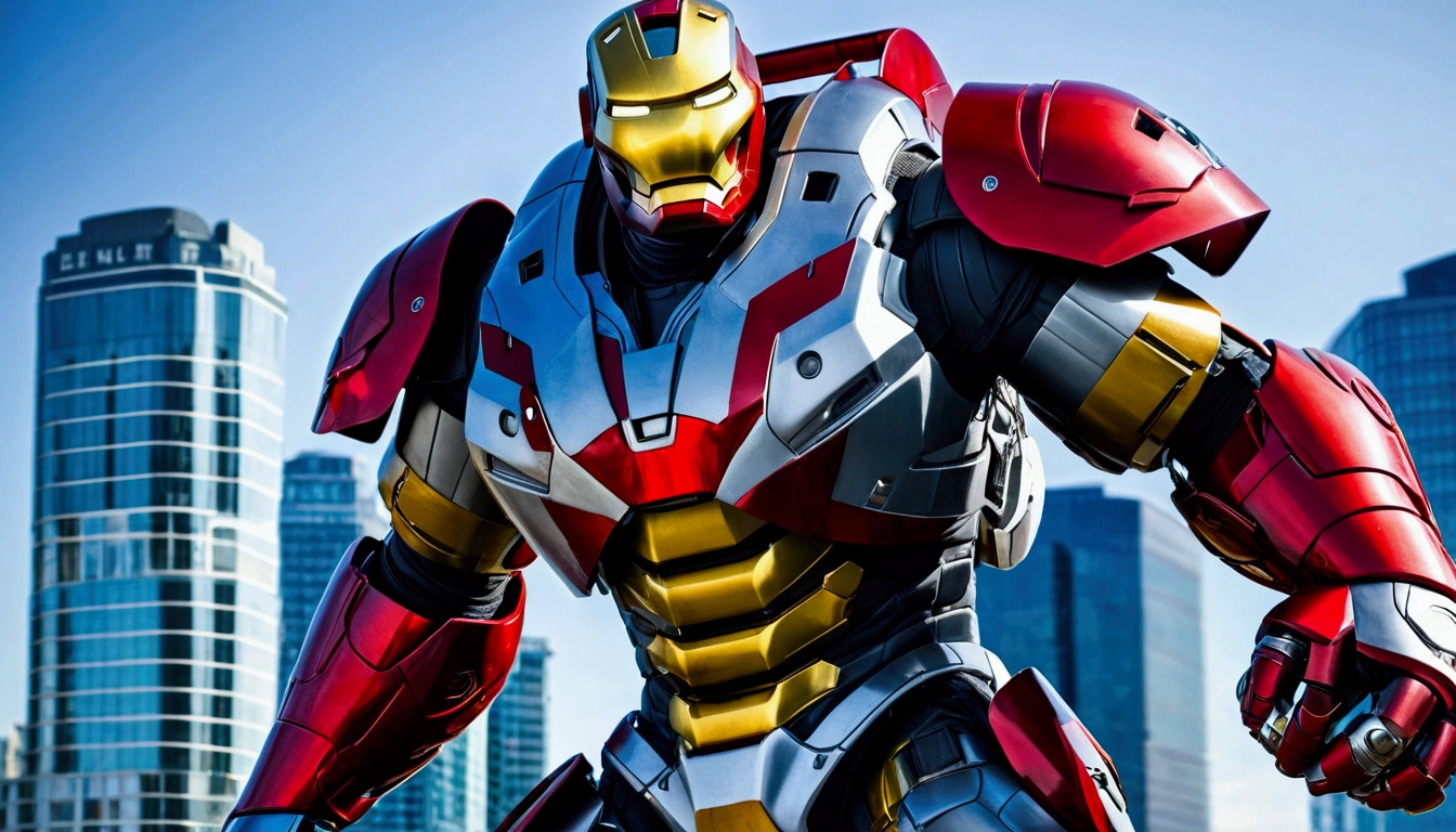 Iron Man Suit, Carbon fiber black paint job on mech suit, hockey face mask helmet, hockey goalie face mask, red eyes, black helmet, repulser cannons on wrists,