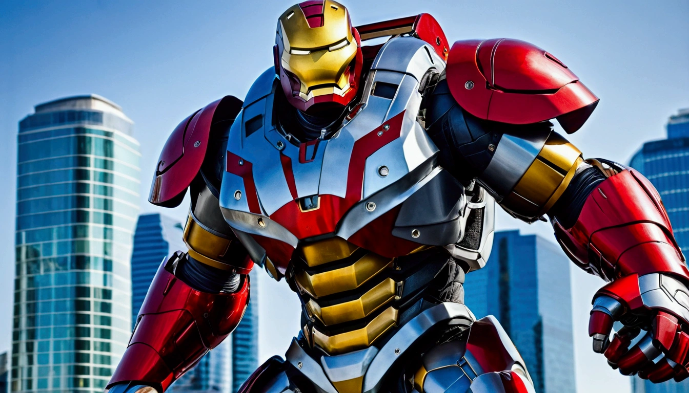 Iron Man Suit, Carbon fiber black paint job on mech suit, hockey face mask helmet, hockey goalie face mask, red eyes, black helmet, repulser cannons on wrists,
