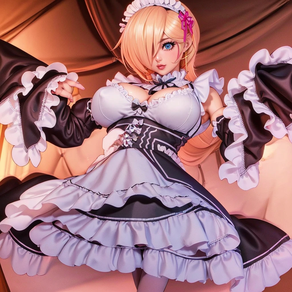 (Highest quality). (Super detailed). (One girl), View the viewer. (Detailed Background). Beautiful and fine details. Delicate and beautiful face. (High saturation), Big breasted, Saggy breasts, (((Sexy Maid Lingerie))), (((Long legs))), (((Huge breasts))),