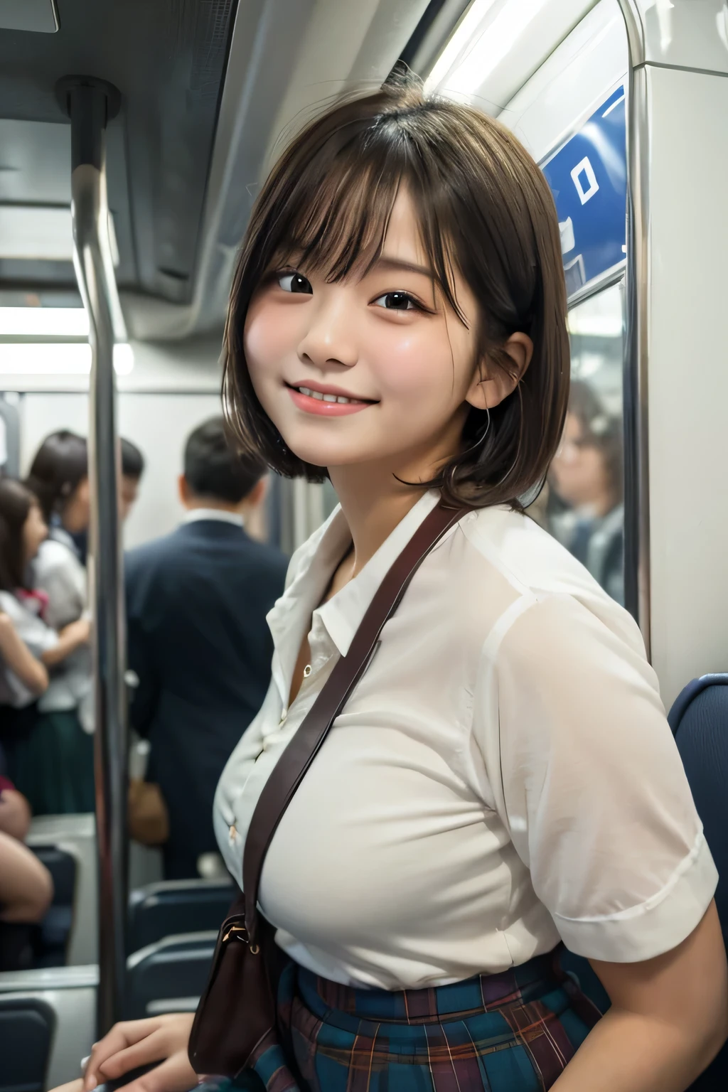 Highest quality, masterpiece, Ultra-high resolution, (reality: 1.4), Original photo, One Woman, mature, Smile, short hair, Plump body, , Cinema Lighting, From below, High school girl on a crowded train, Wear a uniform, Lift up your skirt、futa,, medium penis