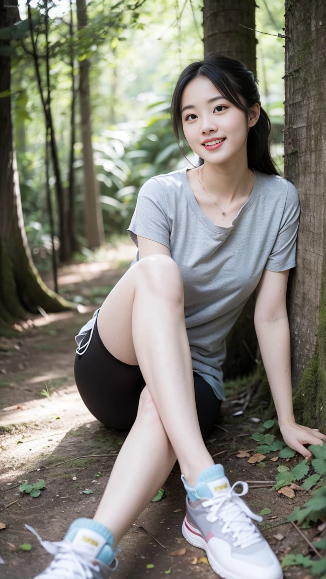 masterpiece, best quality, Surreal, Ultra Detailed, 8k resolution, RAW photos, Clear focus, (A girl in the forest), ((light gray shirt:1.1)),  Short sleeve, sports Shorts,Full body posture, Solitary, Perfect body, Become a, 32 inches in the chest,(a charming smile:1), (sexy pose)，26 years old, light,White shoes