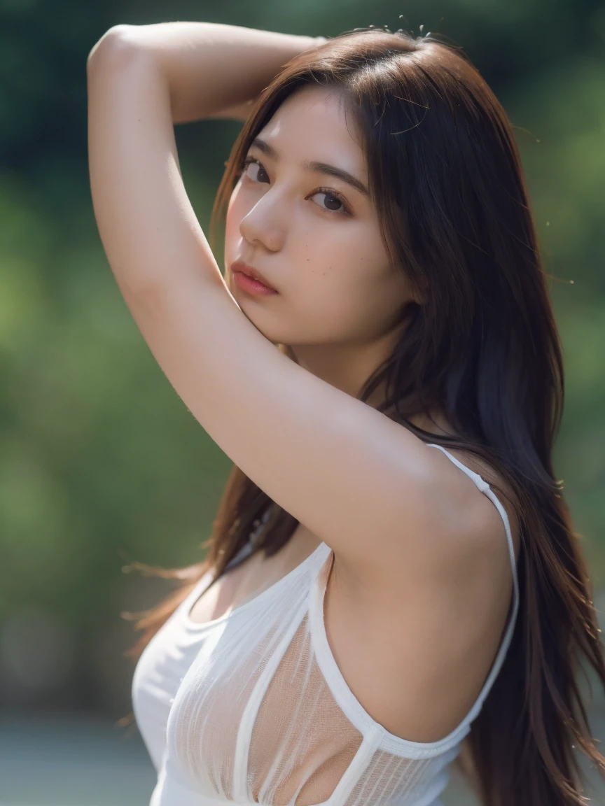 (best quality:1.4), (ultra highres:1.2), (photorealistic:1.4), (16k, RAW photo:1.2),(portrait shot:1.3), bmangpor, 1girl, solo, long hair, brown hair, upper body, white smooth armpits, one arm up, knit tank top,  small breast,see through,nipple