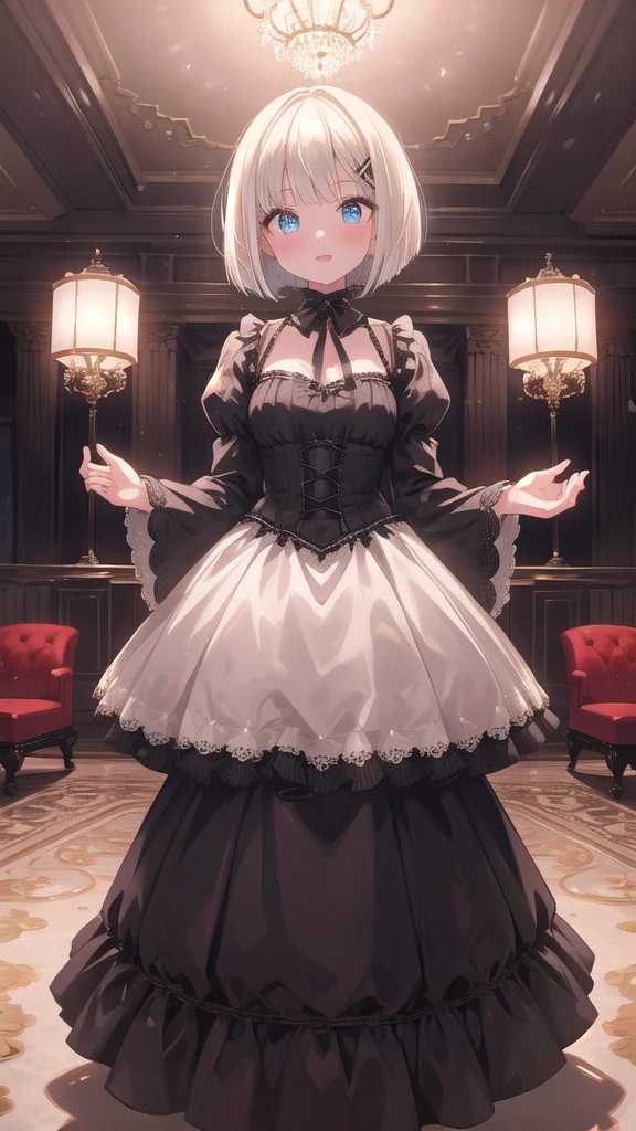 (8K, best quality, master piece: 1.2),super high resolution,1 girl, solo, full body ,ultra-detailed face, blush, platinum blonde hair, (bob cut:1.3), thin hair clip, cyan colorshift eyes, expressive eyes, collarbone, Ecstatic expression, Victorian gown, high collar, full skirt, She is standing in a grand ballroom with chandeliers and ornate decorations.