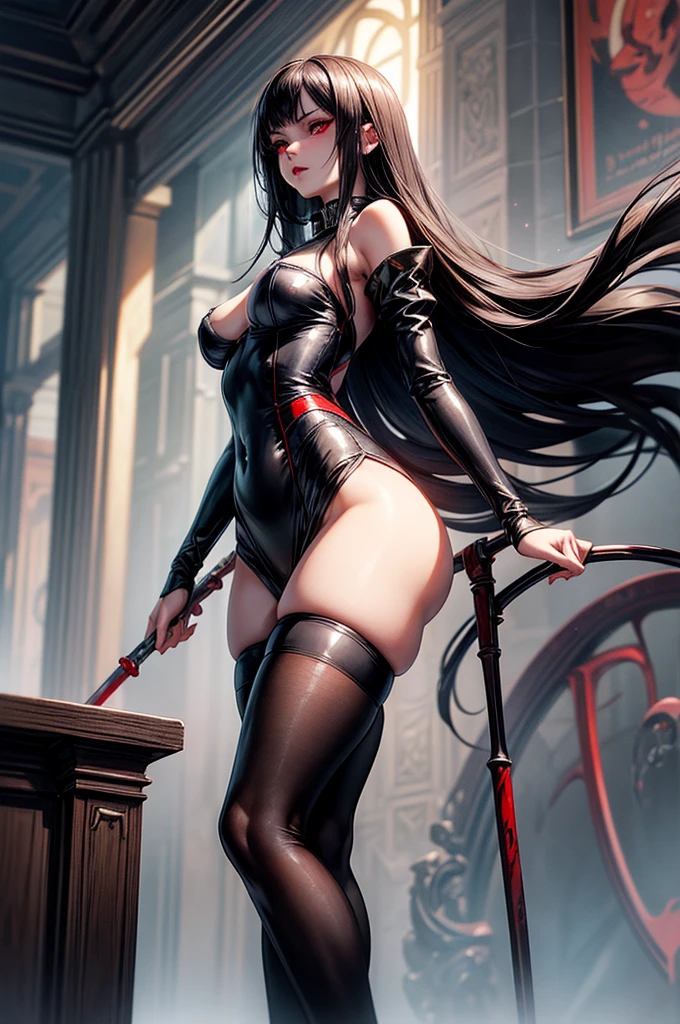 masterpiece, super detailed, precision art, beautiful young woman, 18 years old, flawless pale white skin, vampire, long straight silky black hair, beautiful blood red eyes, symmetrical face, sexy and beautiful but dangerous and deadly, staring into her eyes is as if you are being marked by a predator, thick and plump blood red lips, slender and athletic body, modest breasts, modest curves, small round ass, tall height(180cm), wearing elegant yet battle ready one piece dress, thigh-high stockings and detached sleeves, hip level shot