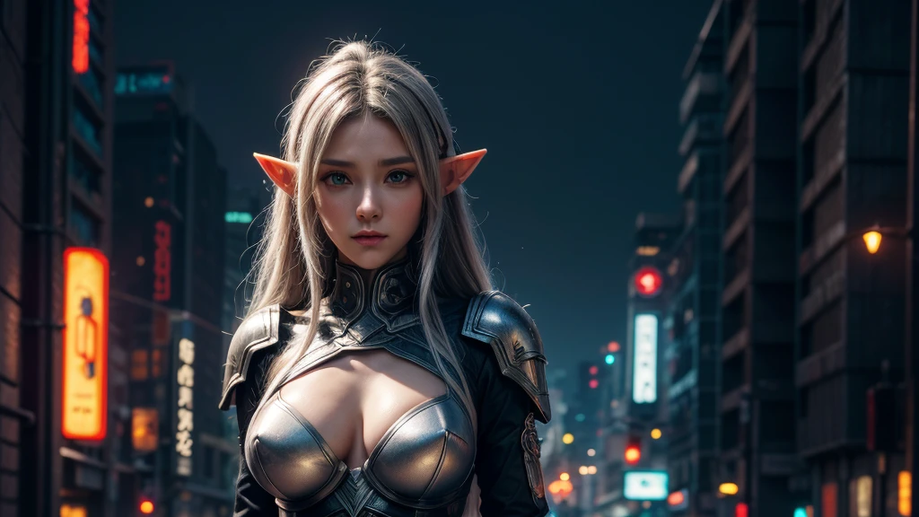 Female Elf,Close-up, Hollow future armor, 2. 5D CGI anime fantasy artwork, Large Breasts,Epic fantasy digital art style, detailed Digital 2D fantasy art, Digital 2D fantasy art, original photo, (best quality:1.3), high resolution, (masterpiece), (lifelike:1.4), Professional photography, Clear focus, High Dynamic Range, 8k resolution, Intricate details, Fine details, Depth of Field, Extremely detailed CG unified 8k wallpaper, masterpiece,poster,best quality,Official Art,(Beauty and aesthetics:1.2),(masterpiece:1.3),Female Elf,individual,complex pattern,Street at night,Cyberpunk style future city,Medium distance photography,(midnight:1.8),dramatic,Cyberpunk style clothes