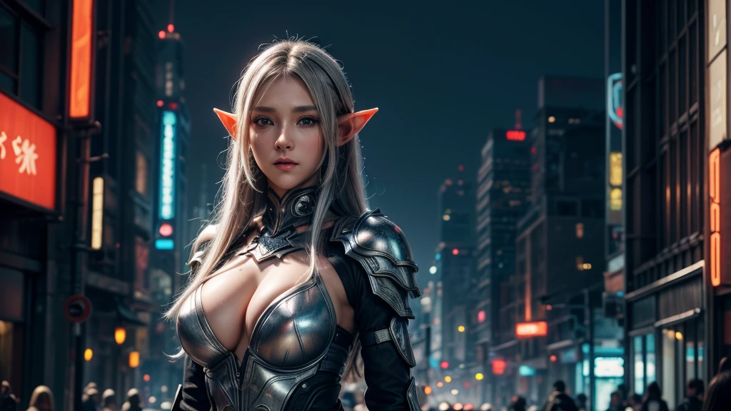 Female Elf,Close-up, Hollow future armor, 2. 5D CGI anime fantasy artwork, Large Breasts,Epic fantasy digital art style, detailed Digital 2D fantasy art, Digital 2D fantasy art, original photo, (best quality:1.3), high resolution, (masterpiece), (lifelike:1.4), Professional photography, Clear focus, High Dynamic Range, 8k resolution, Intricate details, Fine details, Depth of Field, Extremely detailed CG unified 8k wallpaper, masterpiece,poster,best quality,Official Art,(Beauty and aesthetics:1.2),(masterpiece:1.3),Female Elf,individual,complex pattern,Street at night,Cyberpunk style future city,Medium distance photography,(midnight:1.8),dramatic,Cyberpunk style clothes