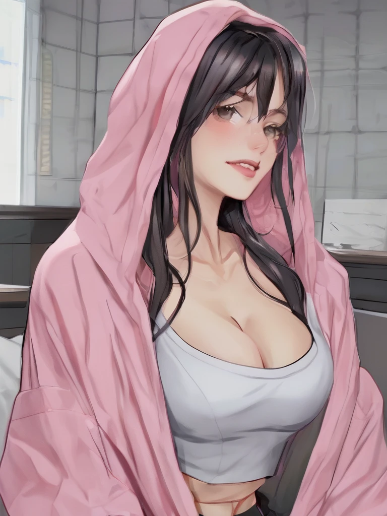 woman　33 years old　smile　stupid　Black Hair　Young　Big Breasts　Large breasts　Long Hair　I have long hair　Pink hoodie　Open the chest　White camisole whole body