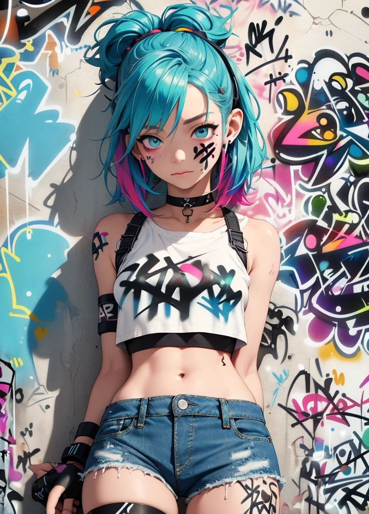 masterpiece, best quality, 1girl, solo, crop top, denim shorts, choker, (graffiti:1.5), paint splatter, arms behind back, against wall, looking at viewer, armband, thigh strap, paint on body, head tilt, bored, multicolored hair, aqua eyes, headset,