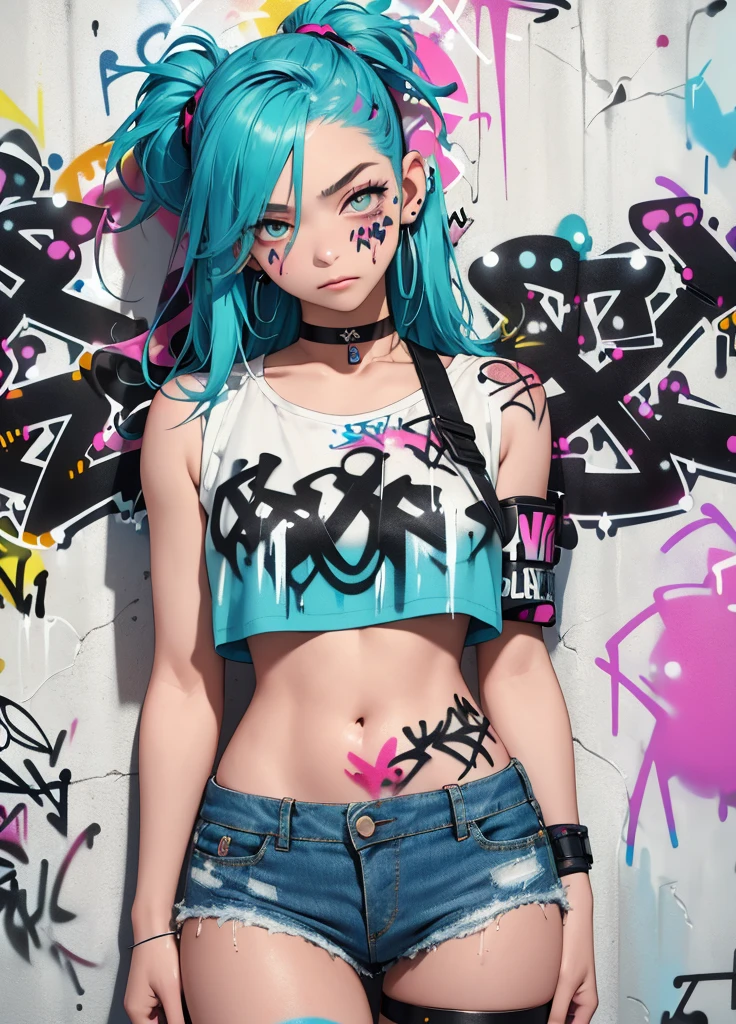 masterpiece, best quality, 1girl, solo, crop top, denim shorts, choker, (graffiti:1.5), paint splatter, arms behind back, against wall, looking at viewer, armband, thigh strap, paint on body, head tilt, bored, multicolored hair, aqua eyes, headset,