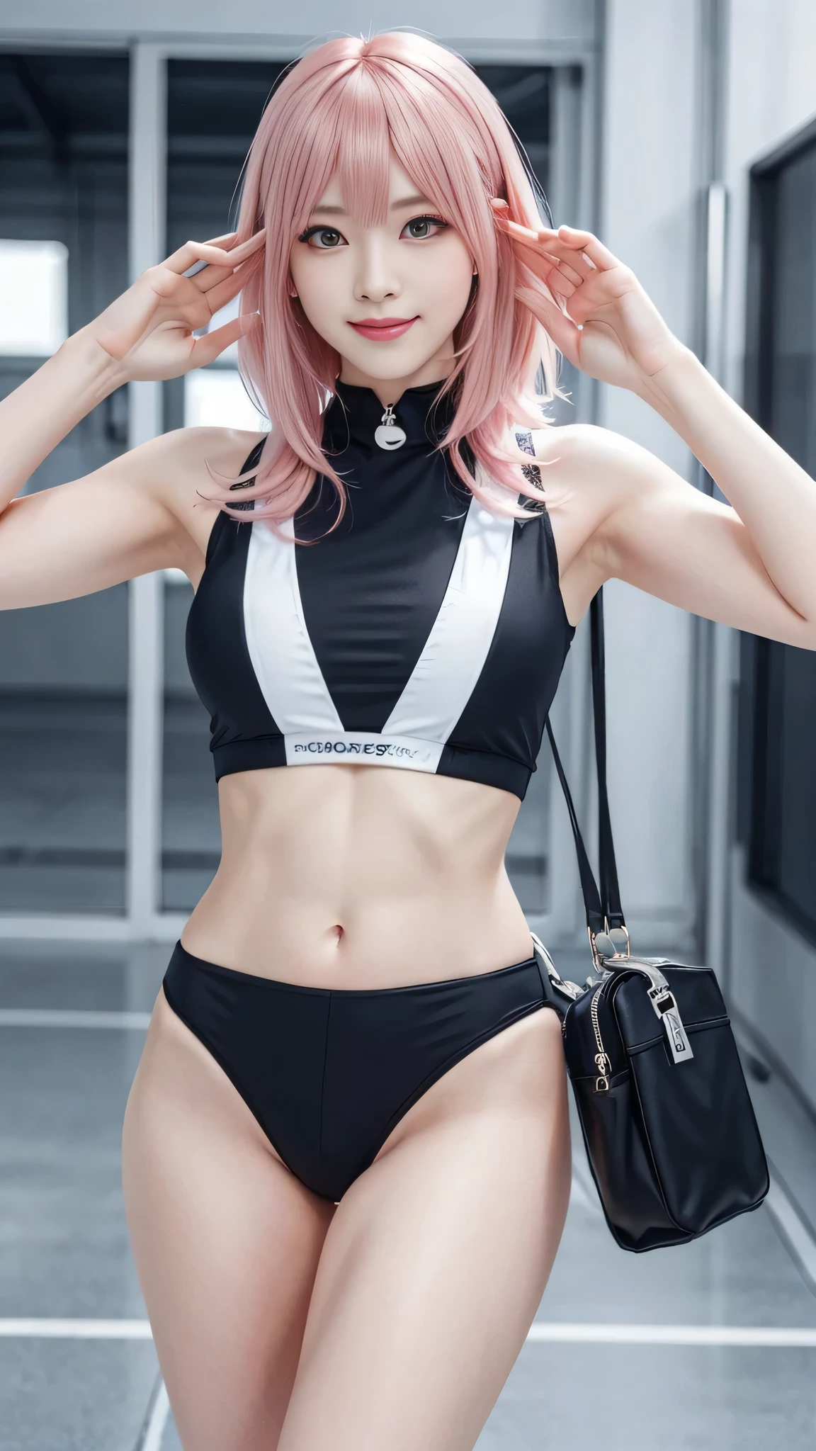 Sakura Haruno chica anime pelo rosa sentada en un banquito tranquilamente con pose despreocupada ropa blanca/transparent with a small bra and very short pink shorts and a little rain/brisa con un tema "sexy" y seductora
