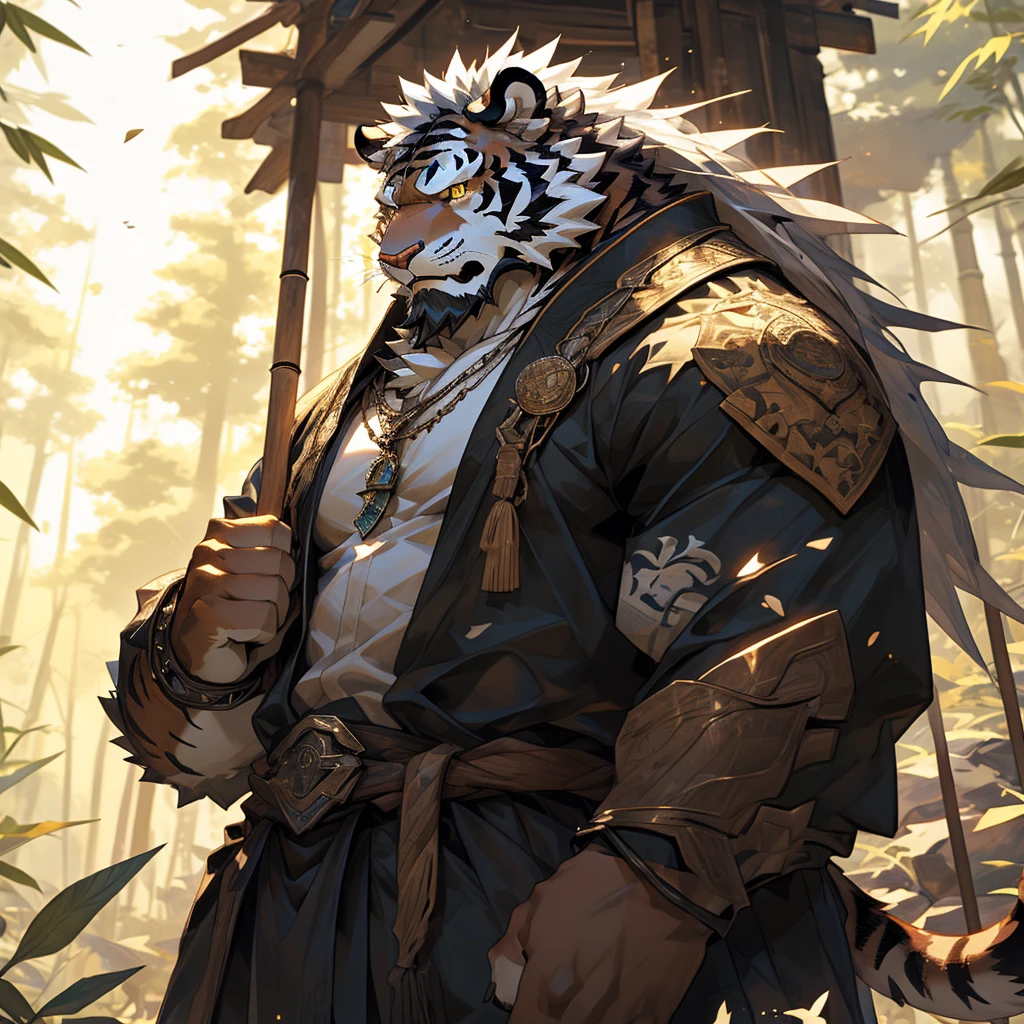 白色皮肤tiger),(黑白阴阳General战袍),Holding a long sword,坚Strong姿态,Stand calmly,(The background is a dark forest，Full of bamboo:1.2),abdominal muscles,Heroic Stance飒爽,完美的masterpiece,Various facial details,Perspective from a distance,specific description,masterpiece,CG,(Golden Eyes),Black and white pattern,Crimson Tail,General,Heroic Stance,tiger,Black and white fur,Specific facial details,Half Body,(黑白阴阳General战履),(Chang Ling),((middle aged)),(Face Focus),(16K),HD,Black and white belly，wilderness,beard,(Noodle),Different students,(Black and white yin and yang shirt),(Black and white hair),Strong,muscle,(high resolution:1.3),(Standing deep in the desolate bamboo forest),(close up),(Delicate face:1.5),Perfect details,(Half Body),(Facial details:1.5),(Zoom in on the face:1.5),(白色Noodle:1.2),(黑色beard:1.3),(white face;1.6),White body