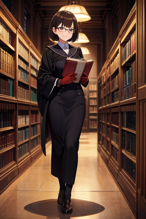 Anime Art、Full body portrait、In the dark library、A woman around 32 years old, about 160cm tall, wearing a black academic gown, standing upright and holding a book、Glasses、Embarrassed smile、Short medium length hair that reaches the shoulders、Brown Hair、Dark Eyes、gloves、loafers