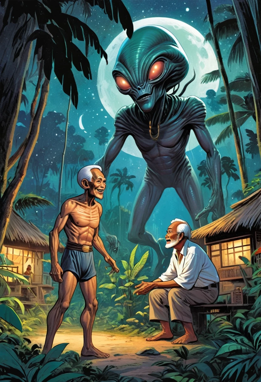 a comic book cover, illustration style. Titled written "ATUK SALAM ALIEN" An alien guest meets an old Malay man, in the Malay village. spaceship as a background in the night" in a jungle environment