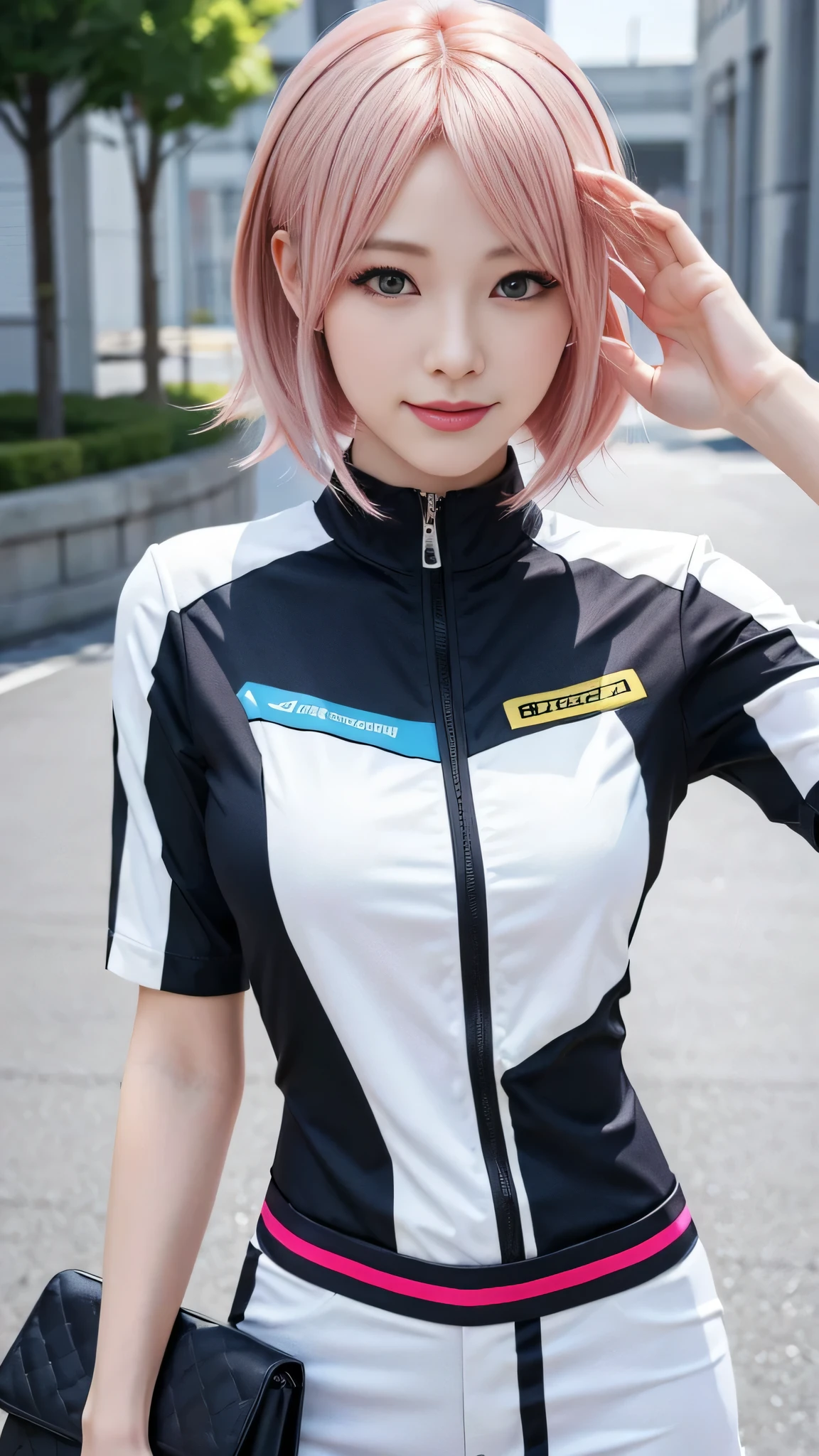 (8K, top-quality, masterpiece:1,2), (reallistic, Photorealsitic:1.37), Super Detail, One girl,), (Highly detailed), (beautifully detailed eyes), (of the highest quality), (super detailed ), (masterpiece), (Detailed face),20yr old, ,1 girl, full body, pink hair,Very short hair, medium breasts, clothed, Perfect Lighting, pussy and breast focus, looking at viewer, aroused face, naughty face, Ekiden, marathoner, marathon uniform, sash, clear sky, during marathon, running, road, running on road, concrete
