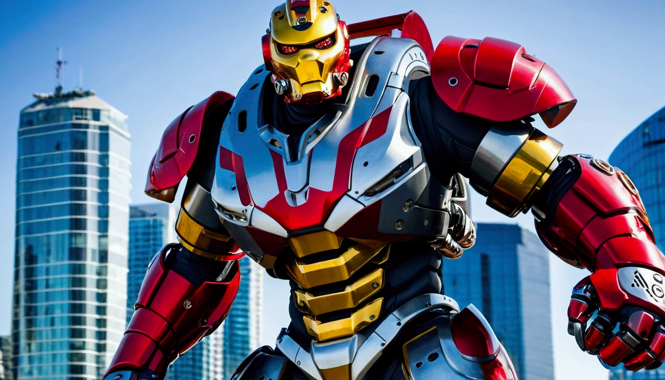 Mech Suit, Carbon fiber black paint job on mech suit, hockey face mask helmet, hockey goalie face mask, red eyes, black helmet, repulser cannons on wrists,