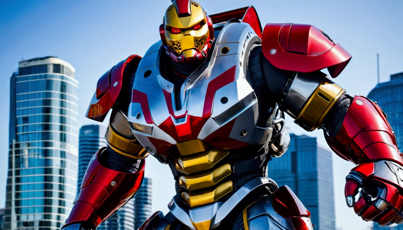 Mech Suit, Carbon fiber black paint job on mech suit, hockey face mask helmet, hockey goalie face mask, red eyes, black helmet, repulser cannons on wrists,